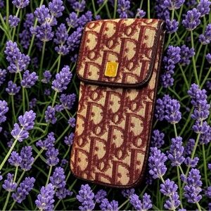 Dior Trotter Burgundy & Beige Monogram Phone Pouch with Gold Logo